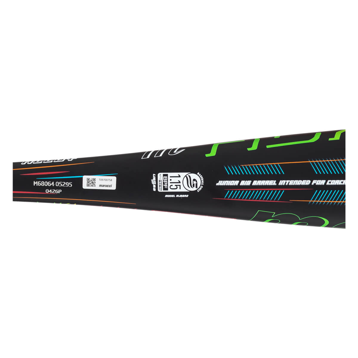 Close-up of a black baseball bat with green, orange, and blue graphics, showing the "Marucci" logo and "1.15 BPF TESTED" certification.