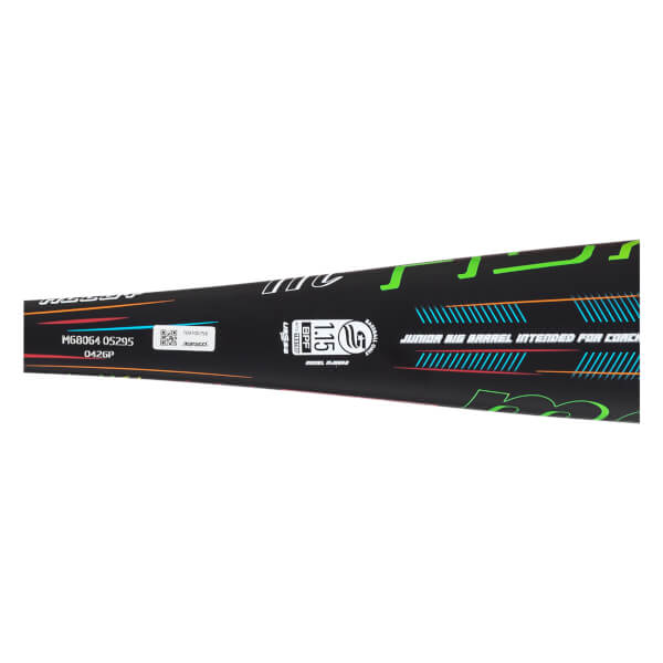 Close-up of a black baseball bat with green, orange, and blue graphics, showing the "Marucci" logo and "1.15 BPF TESTED" certification.