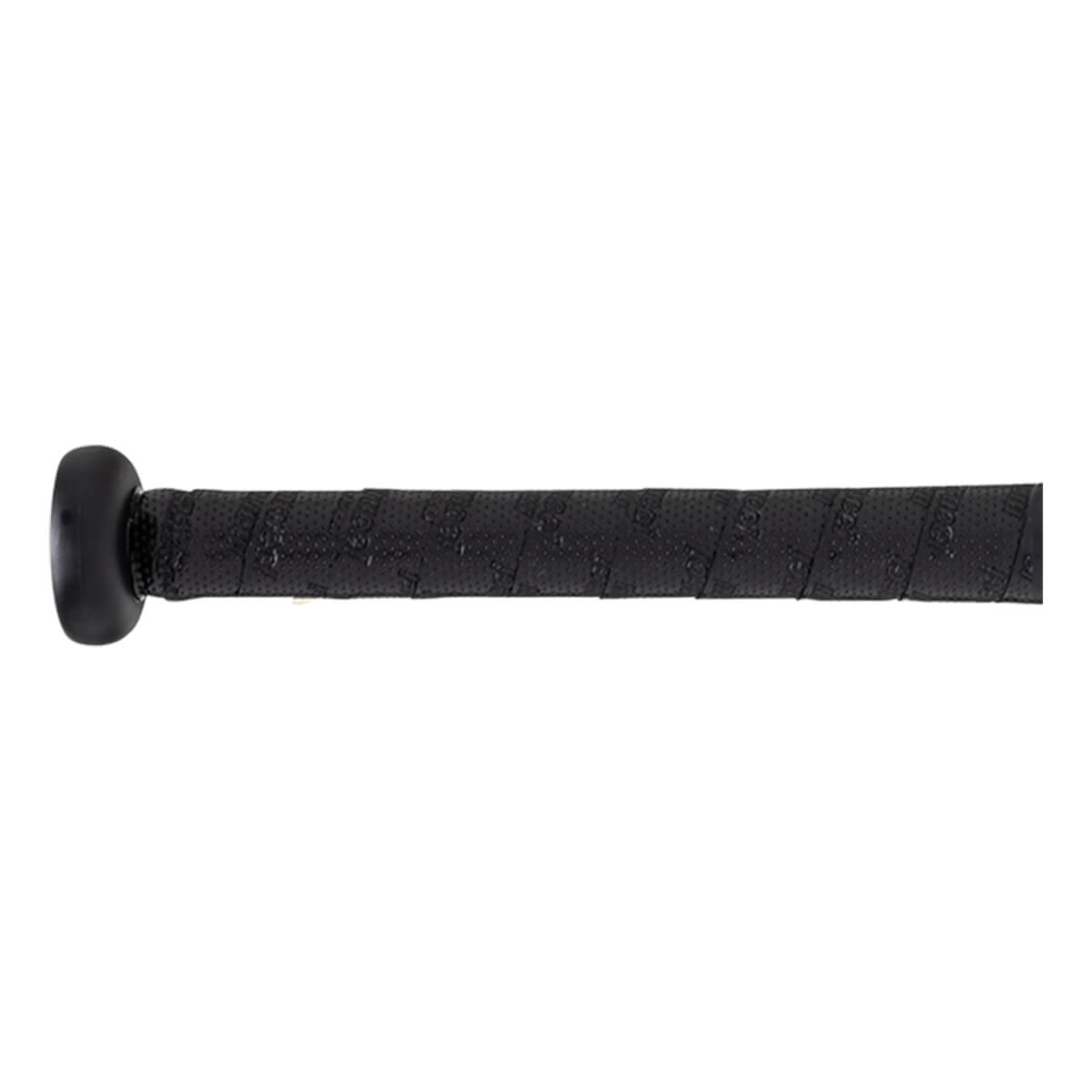 Side view of a black baseball bat grip with "DEMARINI" text and a perforated pattern.