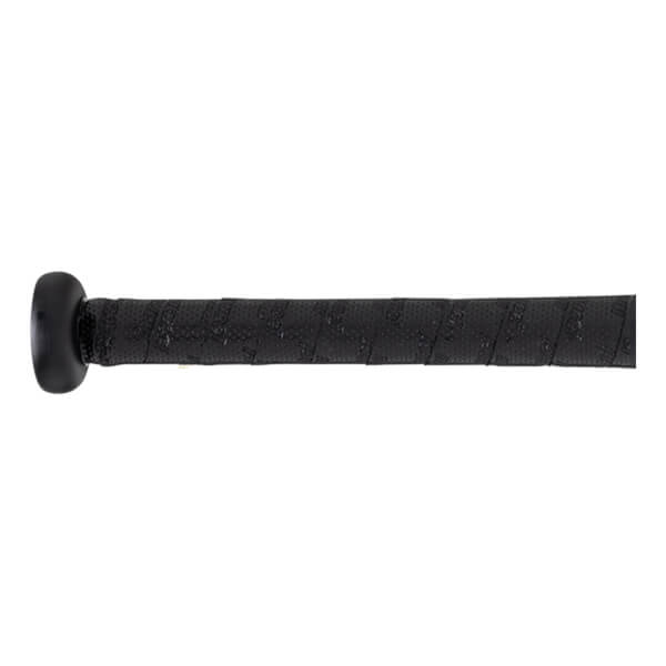 Side view of a black baseball bat grip with "DEMARINI" text and a perforated pattern.