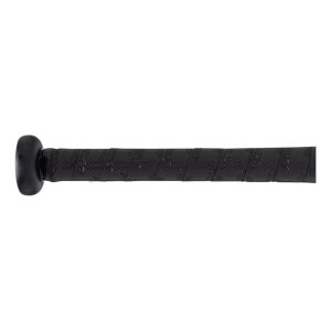 Side view of a black baseball bat grip with "DEMARINI" text and a perforated pattern.