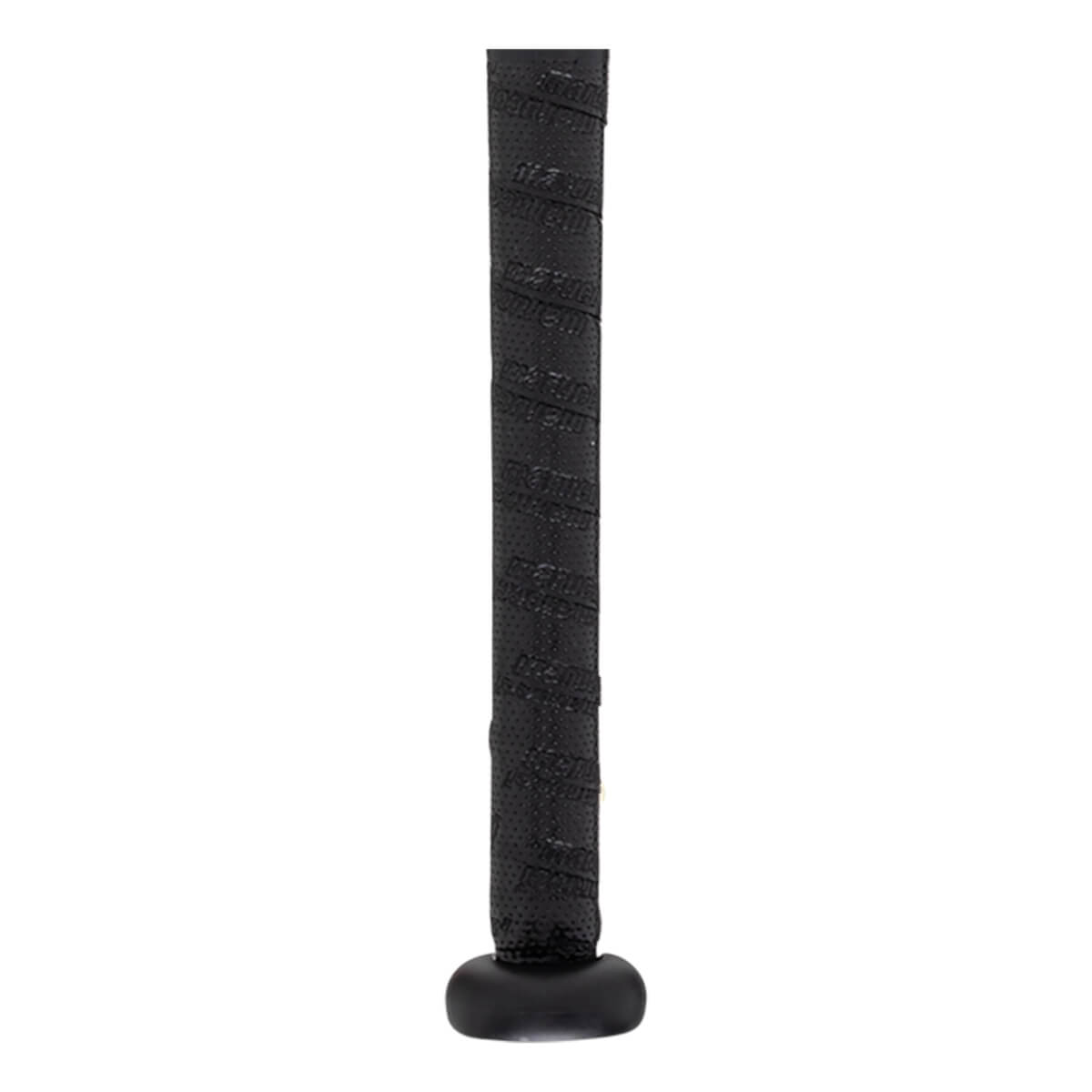 Close-up of the black grip on a baseball bat, showing embossed "Marucci" lettering and a perforated texture.