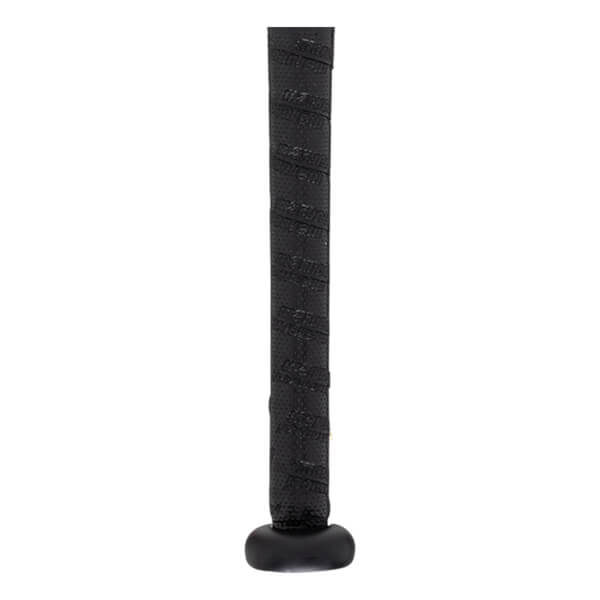 Close-up of the black grip on a baseball bat, showing embossed "Marucci" lettering and a perforated texture.