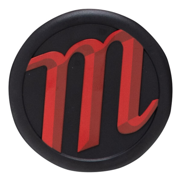 Close-up of a black circular cap with a red "m" logo.