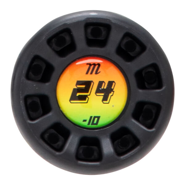 Top-down view of a black bat end cap with a colorful "m 24 -10" logo.
