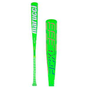Side view of a neon green baseball bat with "MARUCCI" in white and "FUEX" in pink and blue.
