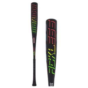 Side view of a black baseball bat with "marucci" in rainbow colors and "RECKLESS" in rainbow colors.