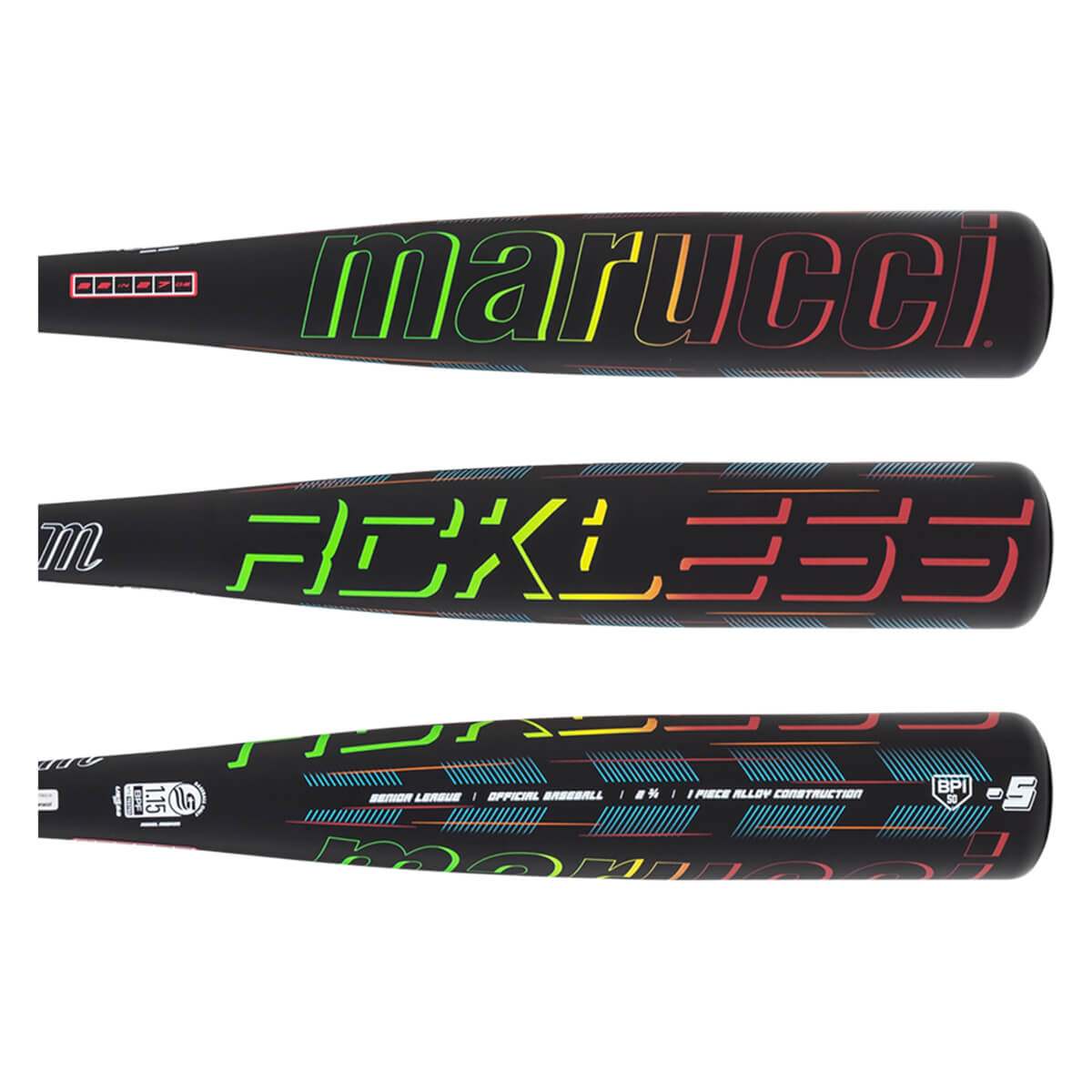 Top view shows "marucci" in a rainbow gradient, with a red box containing white squares.