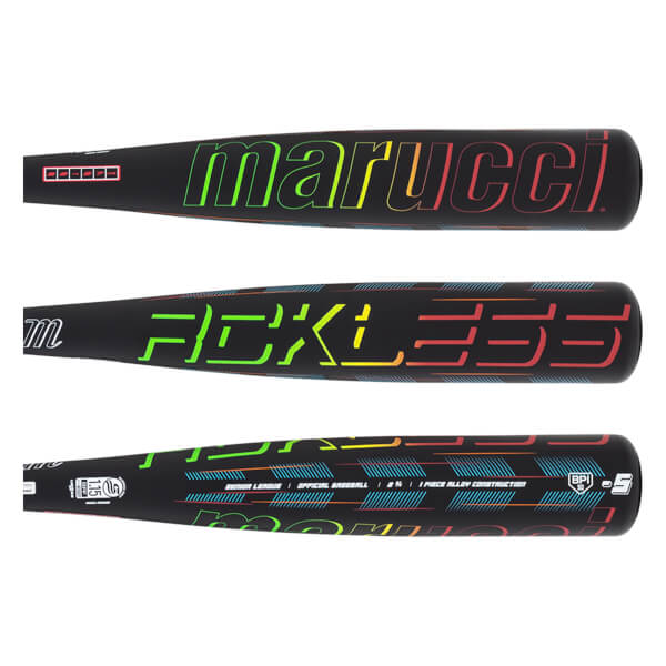 Top view shows "marucci" in a rainbow gradient, with a red box containing white squares.
