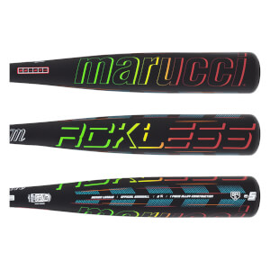Top view shows "marucci" in a rainbow gradient, with a red box containing white squares.
