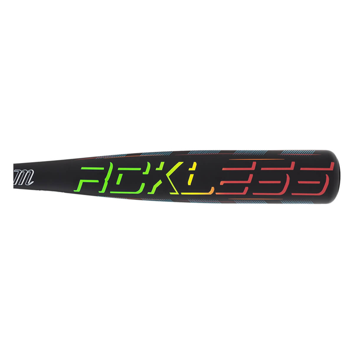 Side view of a black baseball bat with "RECKLESS" in a gradient of green, yellow, and red.