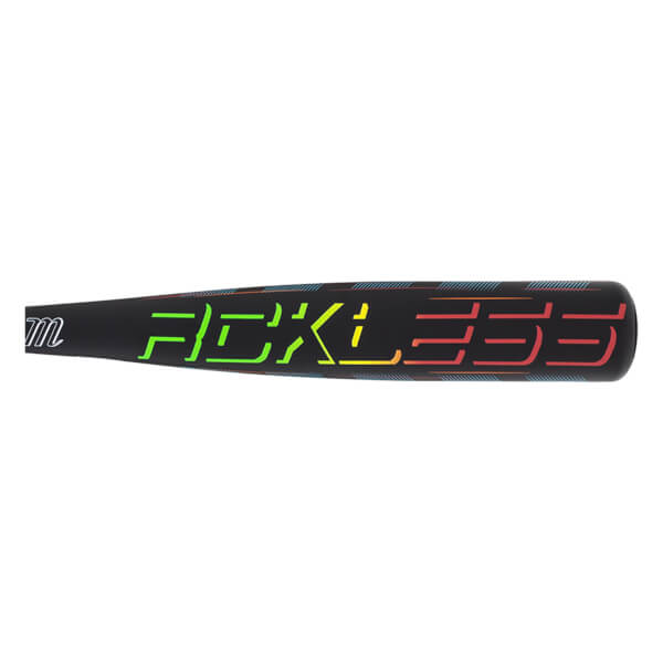 Side view of a black baseball bat with "RECKLESS" in a gradient of green, yellow, and red.