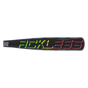 Side view of a black baseball bat with "RECKLESS" in a gradient of green, yellow, and red.