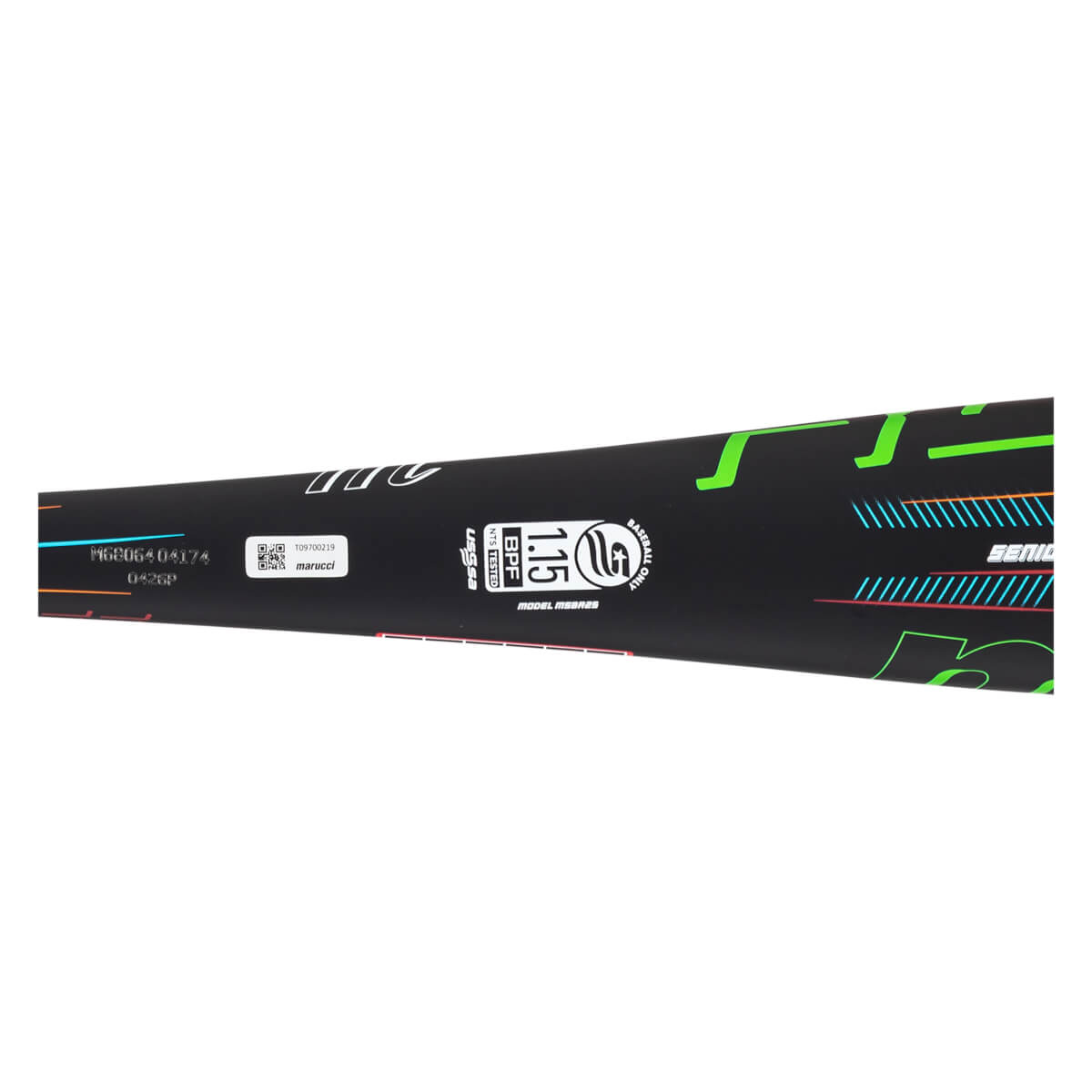 Side view of a black baseball bat with green accents, "SENIOR" text, and "1.15 BPF" certification.