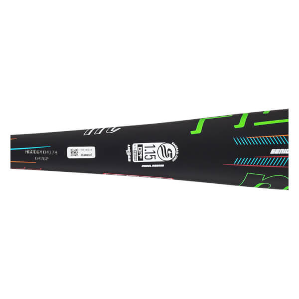 Side view of a black baseball bat with green accents, "SENIOR" text, and "1.15 BPF" certification.