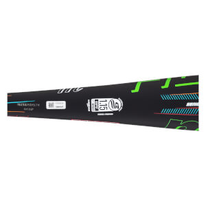 Side view of a black baseball bat with green accents, "SENIOR" text, and "1.15 BPF" certification.