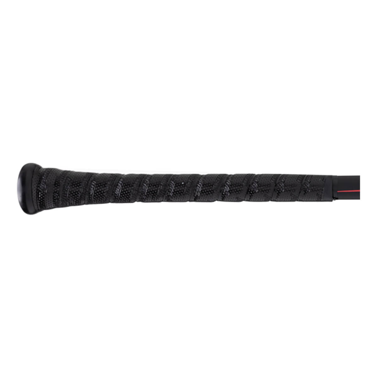Close-up of the black textured grip on a baseball bat with a red stripe.