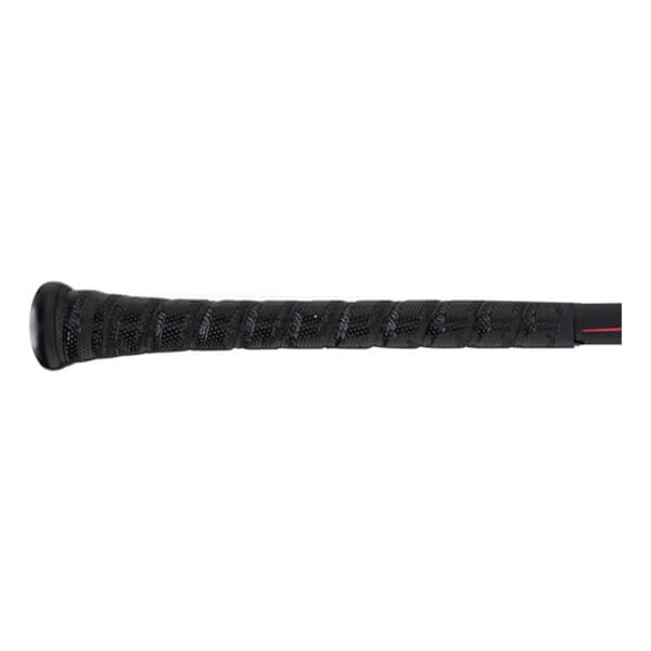 Close-up of the black textured grip on a baseball bat with a red stripe.