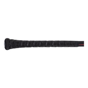 Close-up of the black textured grip on a baseball bat with a red stripe.