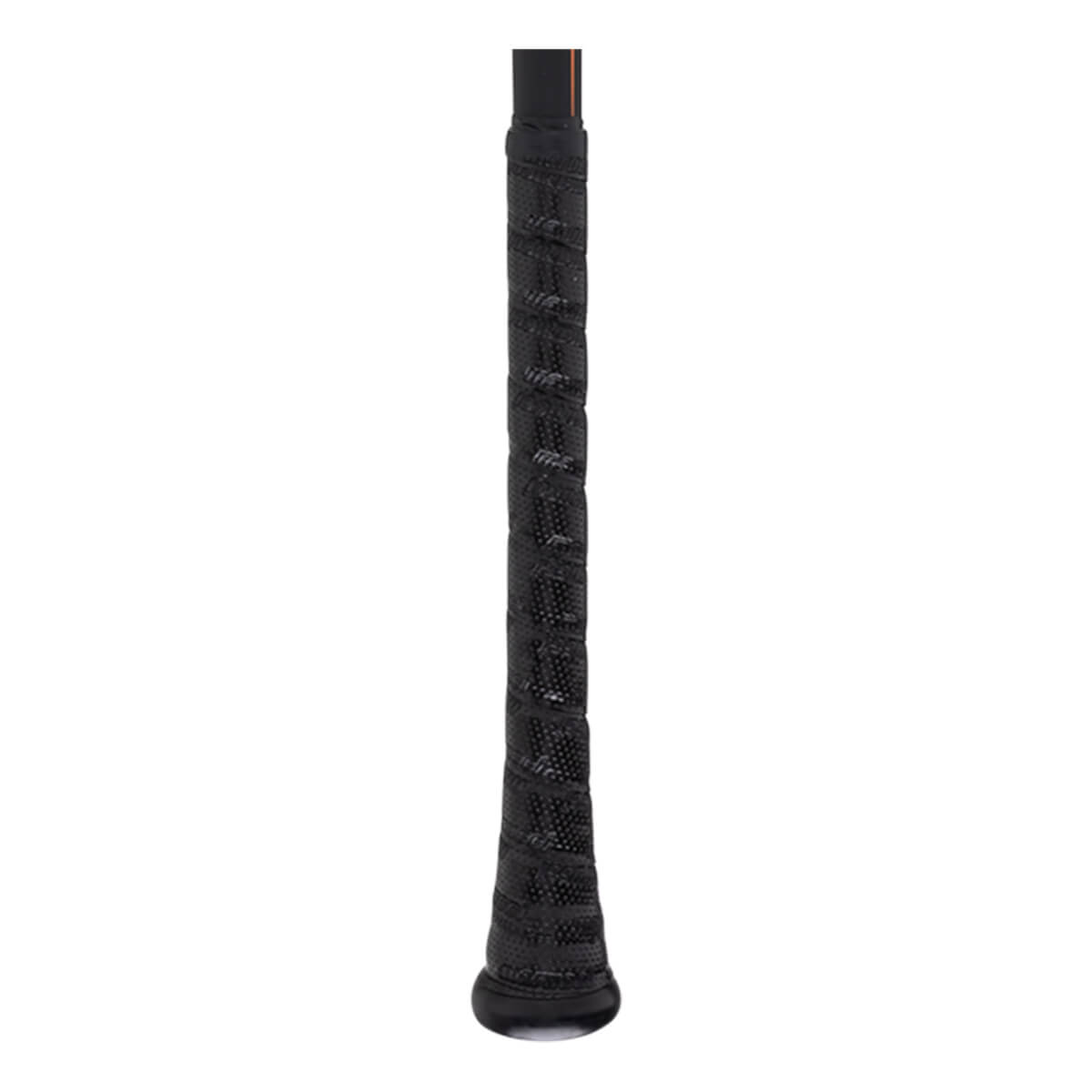 Close-up of the grip on a black bat with orange accents and a textured surface.