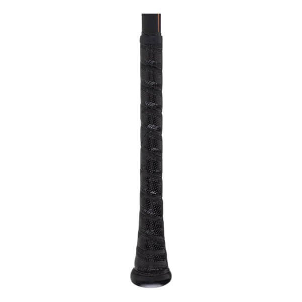 Close-up of the grip on a black bat with orange accents and a textured surface.