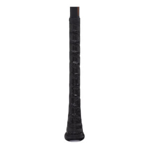 Close-up of the grip on a black bat with orange accents and a textured surface.
