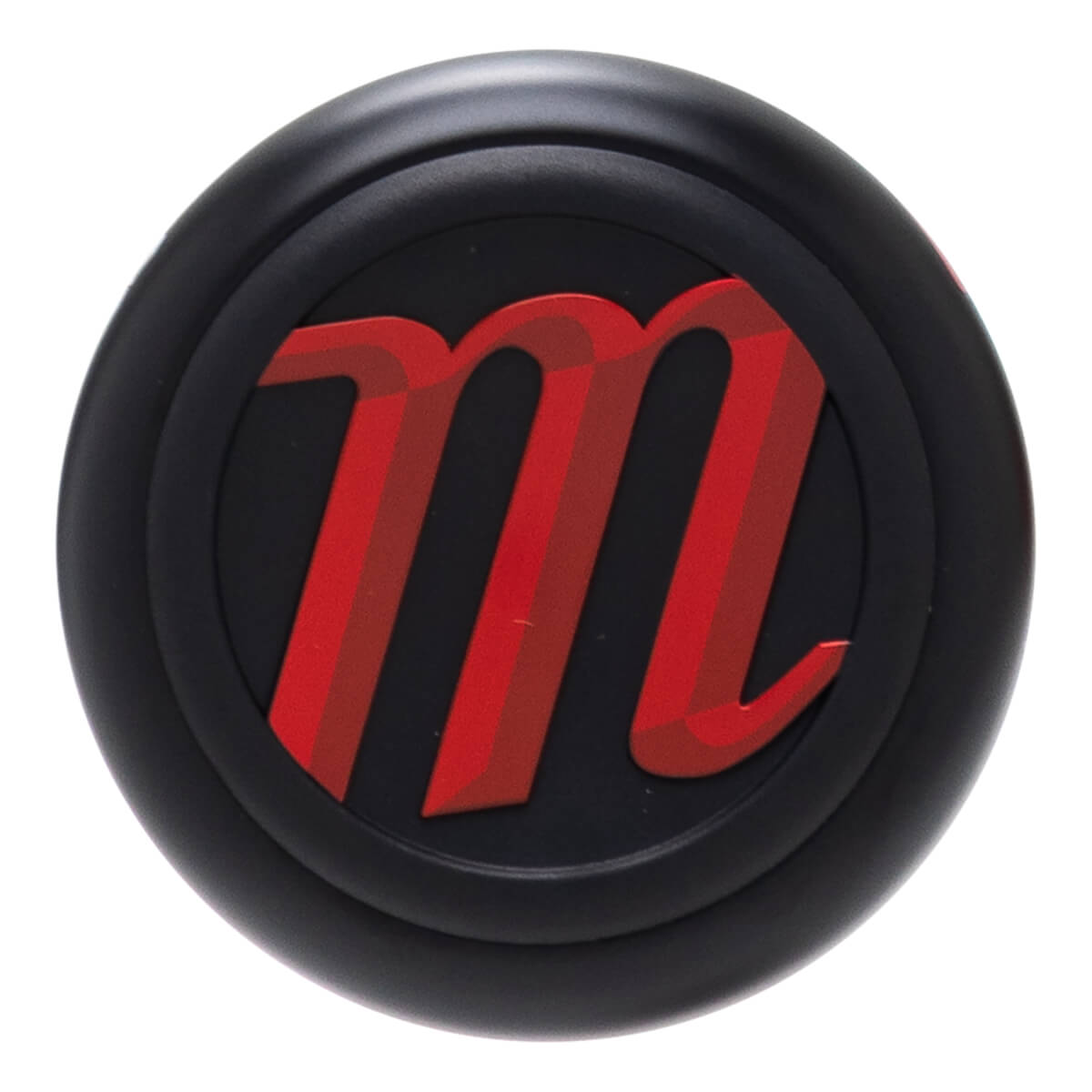 Top-down view of a black cap with a red "m" logo.