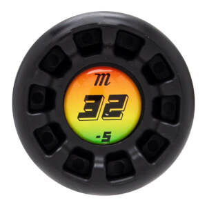 Top-down view of a black bat end cap with a colorful "m", "32", and "-5" logo.