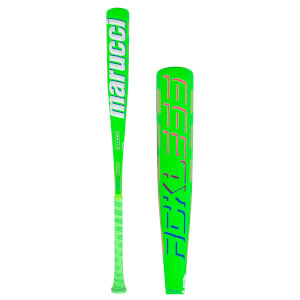 Front view of a neon green baseball bat with white "marucci" text and a pink and blue "FLEX" logo.