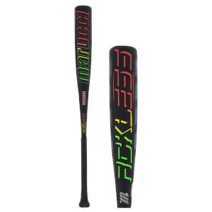 Side view of a black baseball bat with "marucci" in colorful lettering and "RCX333" in bold, neon colors.