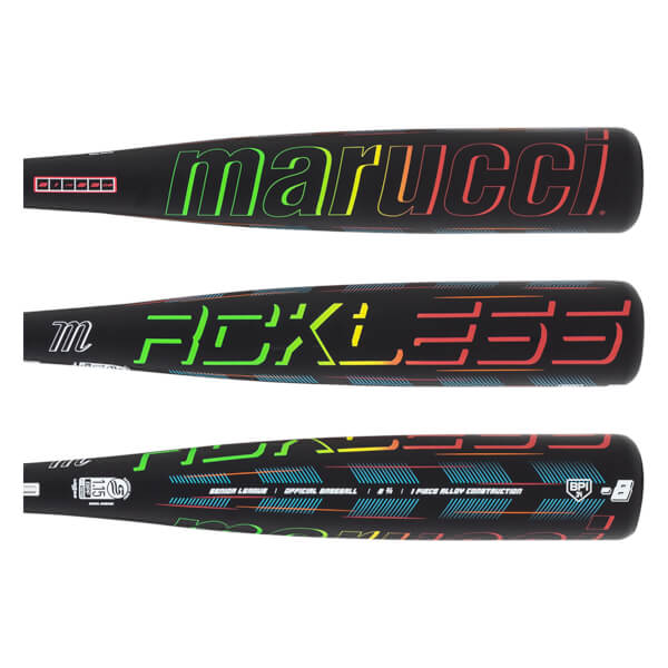Top-down view of a black baseball bat with "marucci" in a rainbow gradient and a red bordered "SIN 2 OF" label.