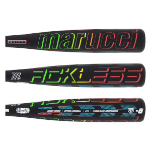 Top-down view of a black baseball bat with "marucci" in a rainbow gradient and a red bordered "SIN 2 OF" label.