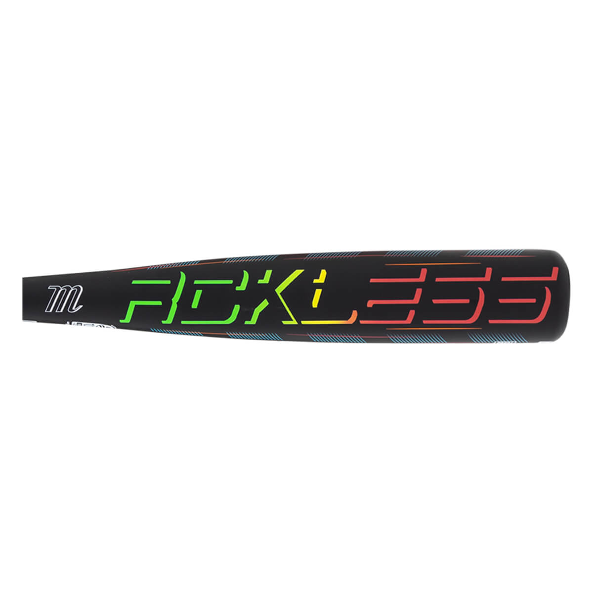 Side view of a black baseball bat with "RECKLESS" in neon green, yellow, and red lettering and a white "m" logo.