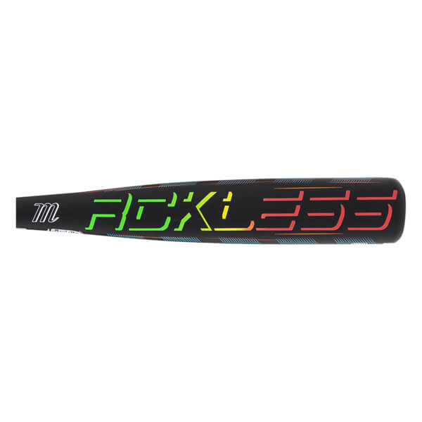 Side view of a black baseball bat with "RECKLESS" in neon green, yellow, and red lettering and a white "m" logo.