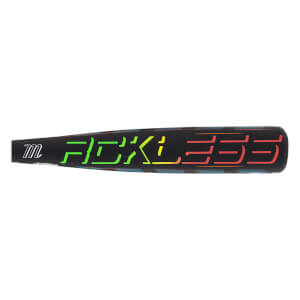 Side view of a black baseball bat with "RECKLESS" in neon green, yellow, and red lettering and a white "m" logo.