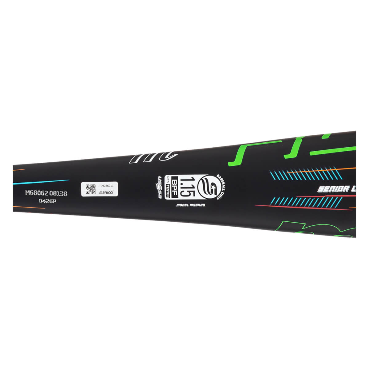 Side view of a black baseball bat with green accents, "SENIOR L" text, and a "1.15 BPF" stamp.