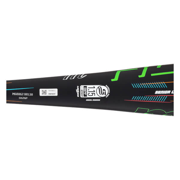 Side view of a black baseball bat with green accents, "SENIOR L" text, and a "1.15 BPF" stamp.