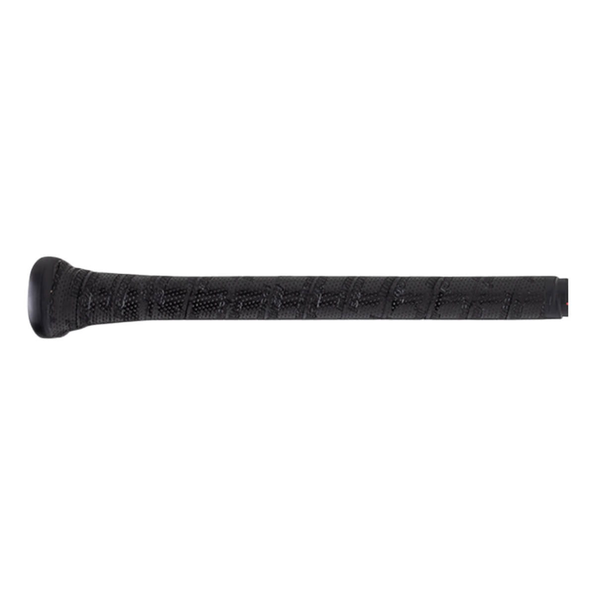 Side view of a black grip with a textured pattern and a red end cap.