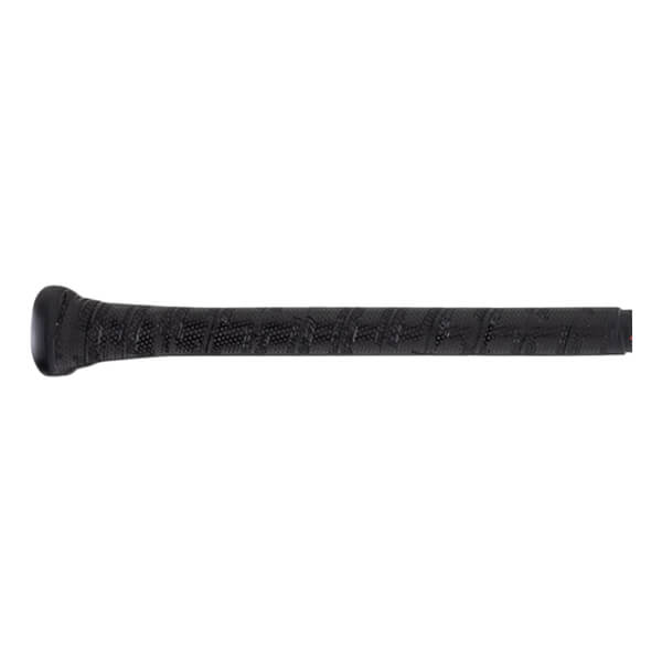 Side view of a black grip with a textured pattern and a red end cap.