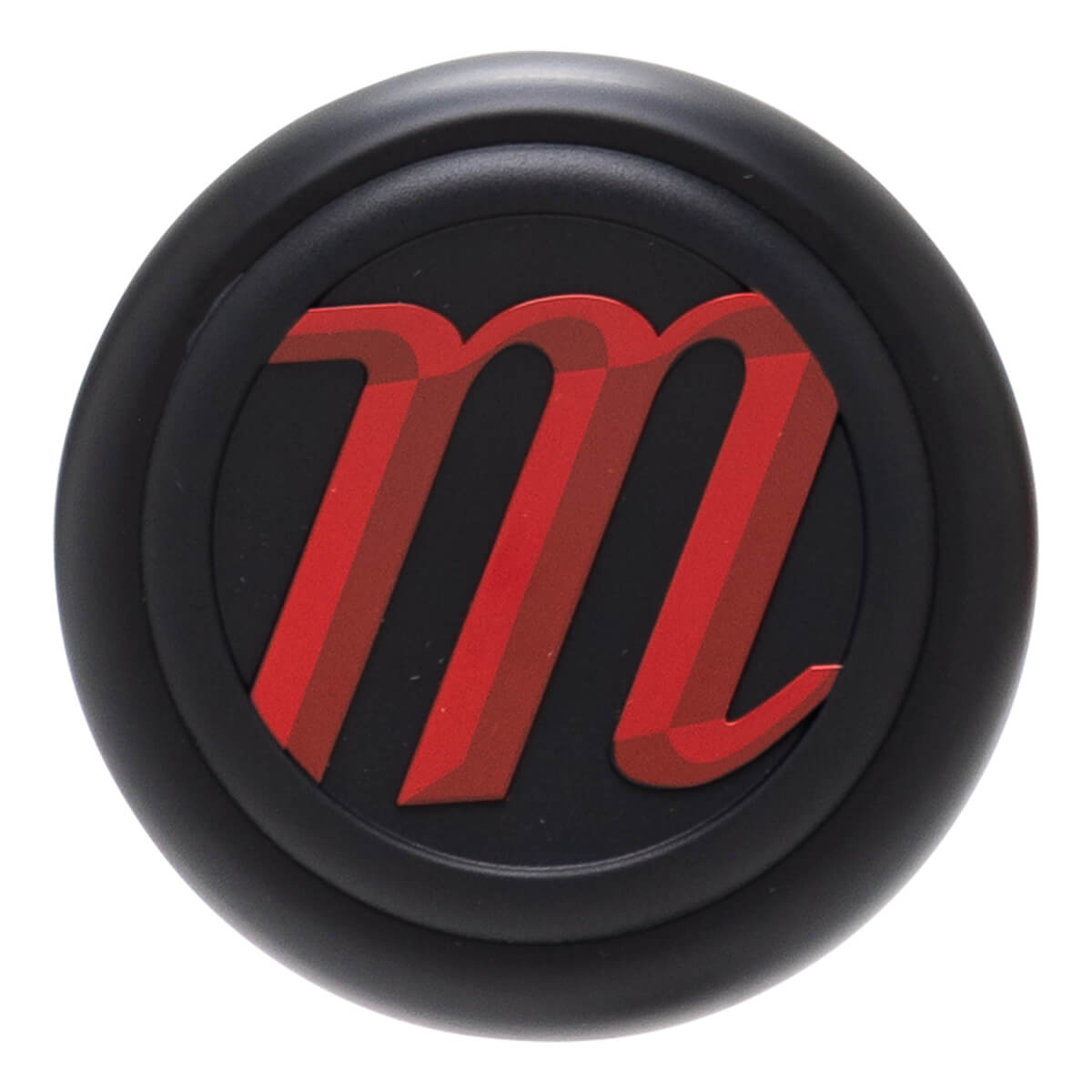 Top-down view of a black knob with a red, striped "m" logo.
