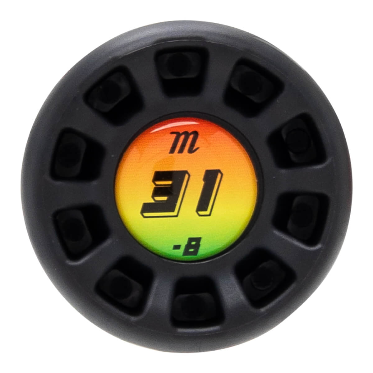 Top-down view of a black knob with a colorful insert showing the "m" logo and "31 -B".