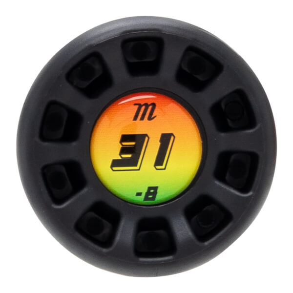 Top-down view of a black knob with a colorful insert showing the "m" logo and "31 -B".