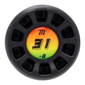 Top-down view of a black knob with a colorful insert showing the "m" logo and "31 -B".