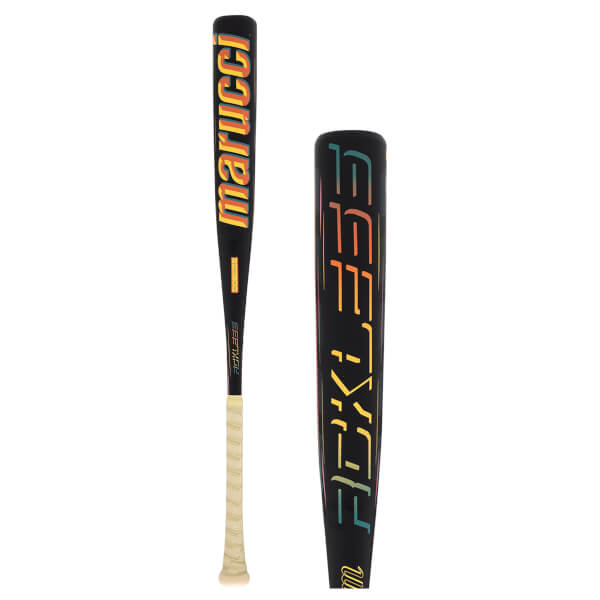 Front view of a black baseball bat with "marucci" in colorful lettering and a beige grip.