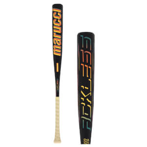 Front view of a black baseball bat with "marucci" in colorful lettering and a beige grip.
