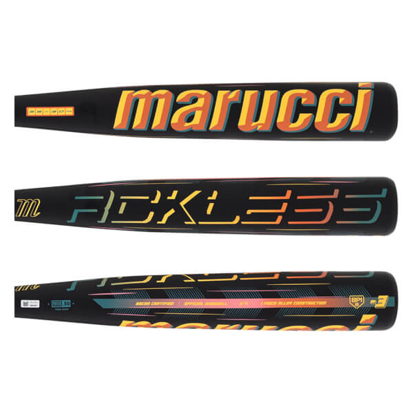 Top view of a black baseball bat with "marucci" in colorful 3D lettering and a "BB IN BOX" logo.
