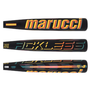 Top view of a black baseball bat with "marucci" in colorful 3D lettering and a "BB IN BOX" logo.