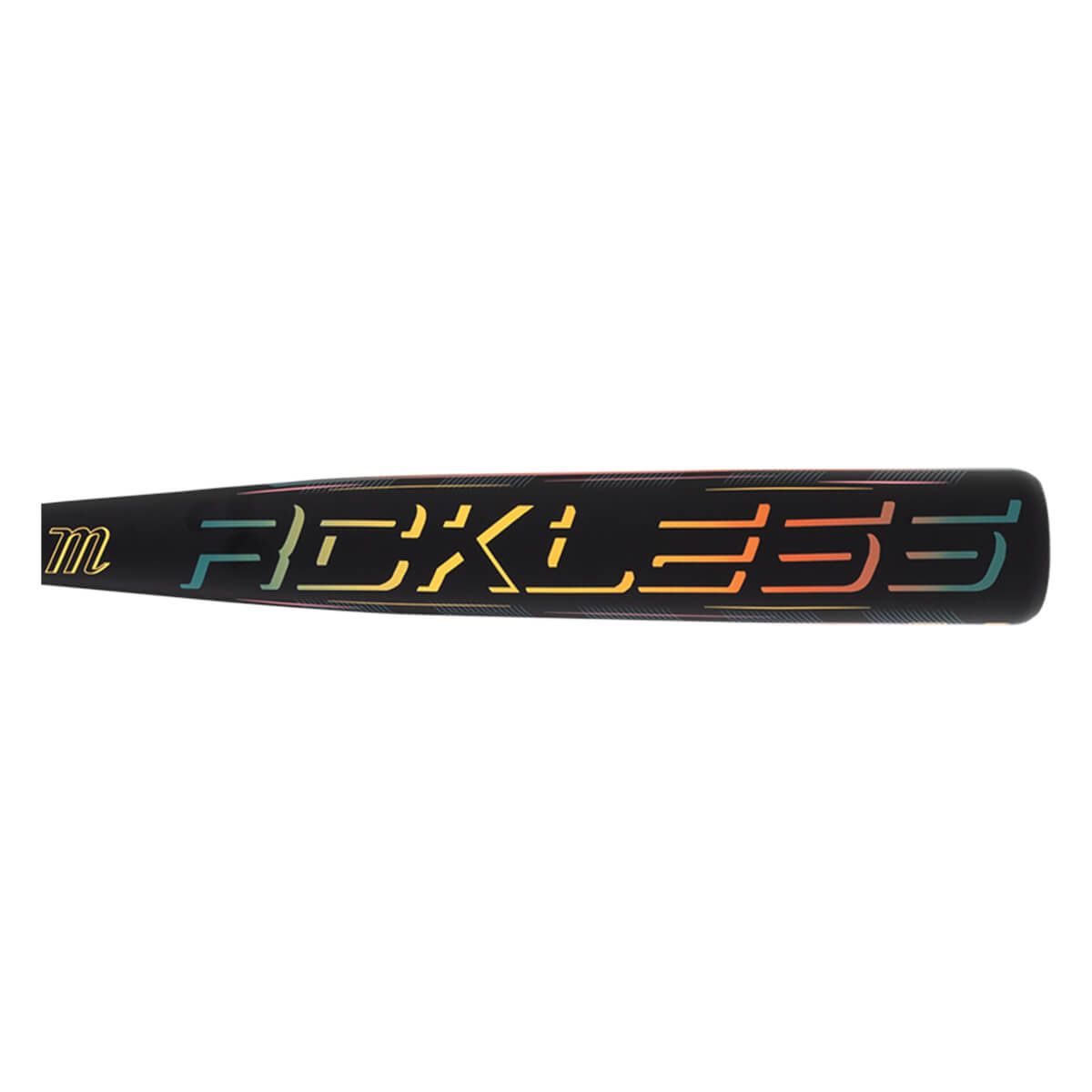 Side view of a black baseball bat with "Reckless" in colorful gradient lettering and a small "m" logo.