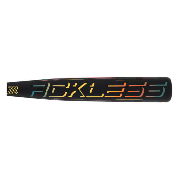 Side view of a black baseball bat with "Reckless" in colorful gradient lettering and a small "m" logo.