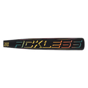 Side view of a black baseball bat with "Reckless" in colorful gradient lettering and a small "m" logo.